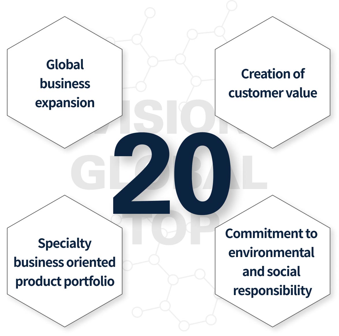 VISION GLOBAL TOP 20, Global business expansion, Specialty business Portfolio expansion, Customer value creation, Practicing environmental and social responsibility